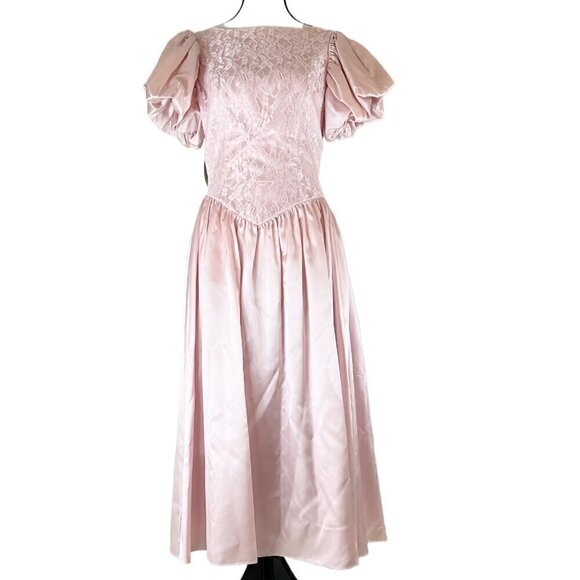 Vintage J.C. Penny Pink Lace & Satin Prom Formal Maxi Dress Puff Sleeves Size 11 - Picture 1 of 10